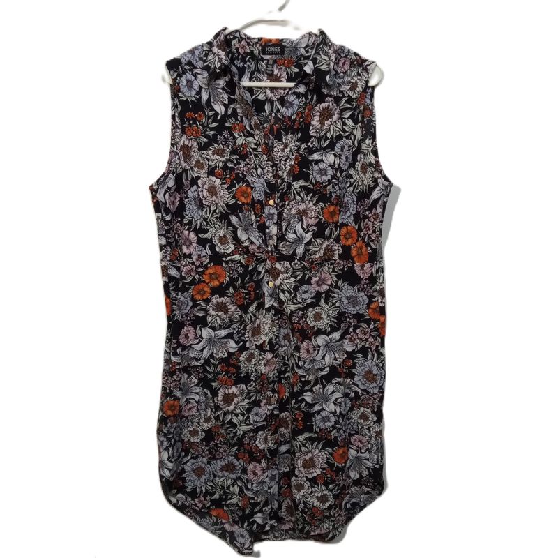 Jones New York Sz 14 Large Women&#39;s Blue Floral Sleeveless Button-Up Knee Length Dress