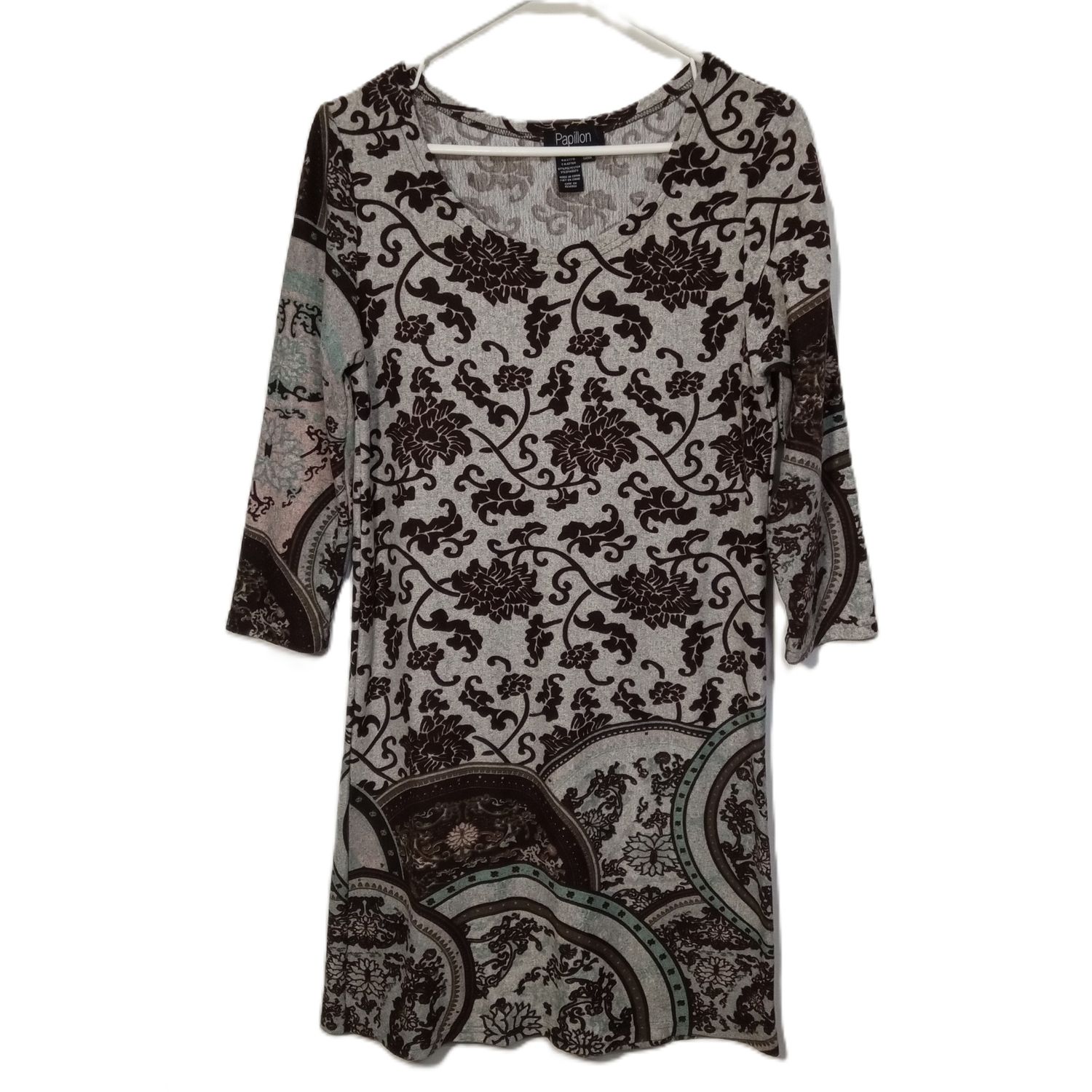 Papillon Large Women&#39;s Grey Floral Print 3/4 Sleeve Lightweight Sweater Dress