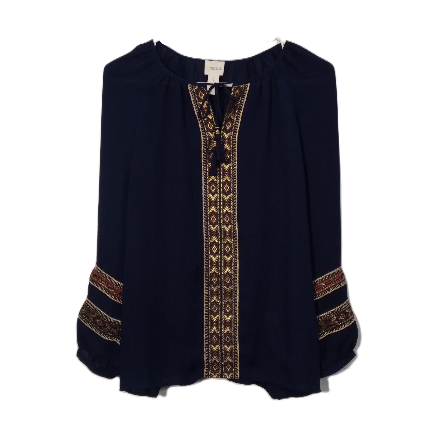Chico&#39;s 1 Medium Petite Women&#39;s Blue Boho Gold Trim Long Sleeve Lightweight Blouse