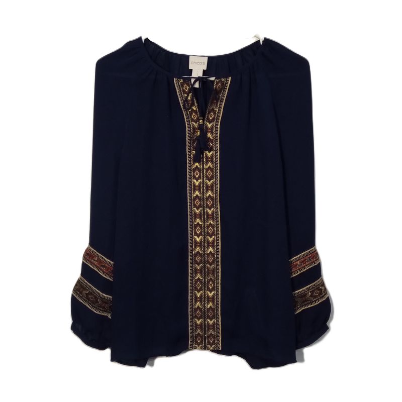Chico&#39;s 1 Medium Petite Women&#39;s Blue Boho Gold Trim Long Sleeve Lightweight Blouse