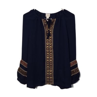Chico&#39;s 1 Medium Petite Women&#39;s Blue Boho Gold Trim Long Sleeve Lightweight Blouse
