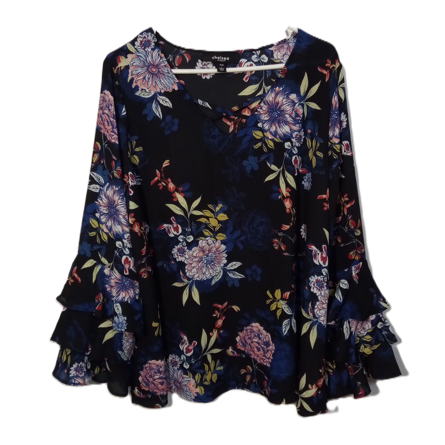 Chelsea Studio 18 / 20 Blue Floral V-Neck Ruffle Sleeve Plus Size Blouse