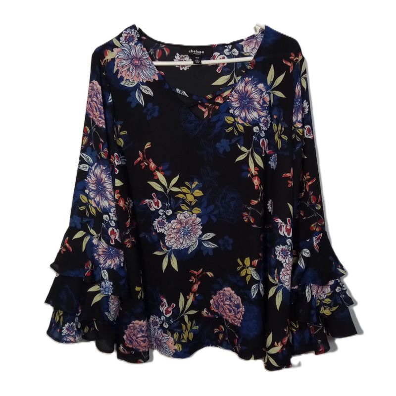 Chelsea Studio 18 / 20 Blue Floral V-Neck Ruffle Sleeve Plus Size Blouse