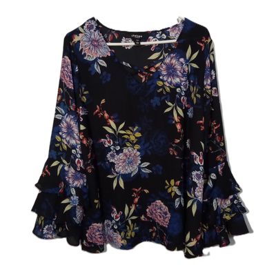 Chelsea Studio 18 / 20 Blue Floral V-Neck Ruffle Sleeve Plus Size Blouse