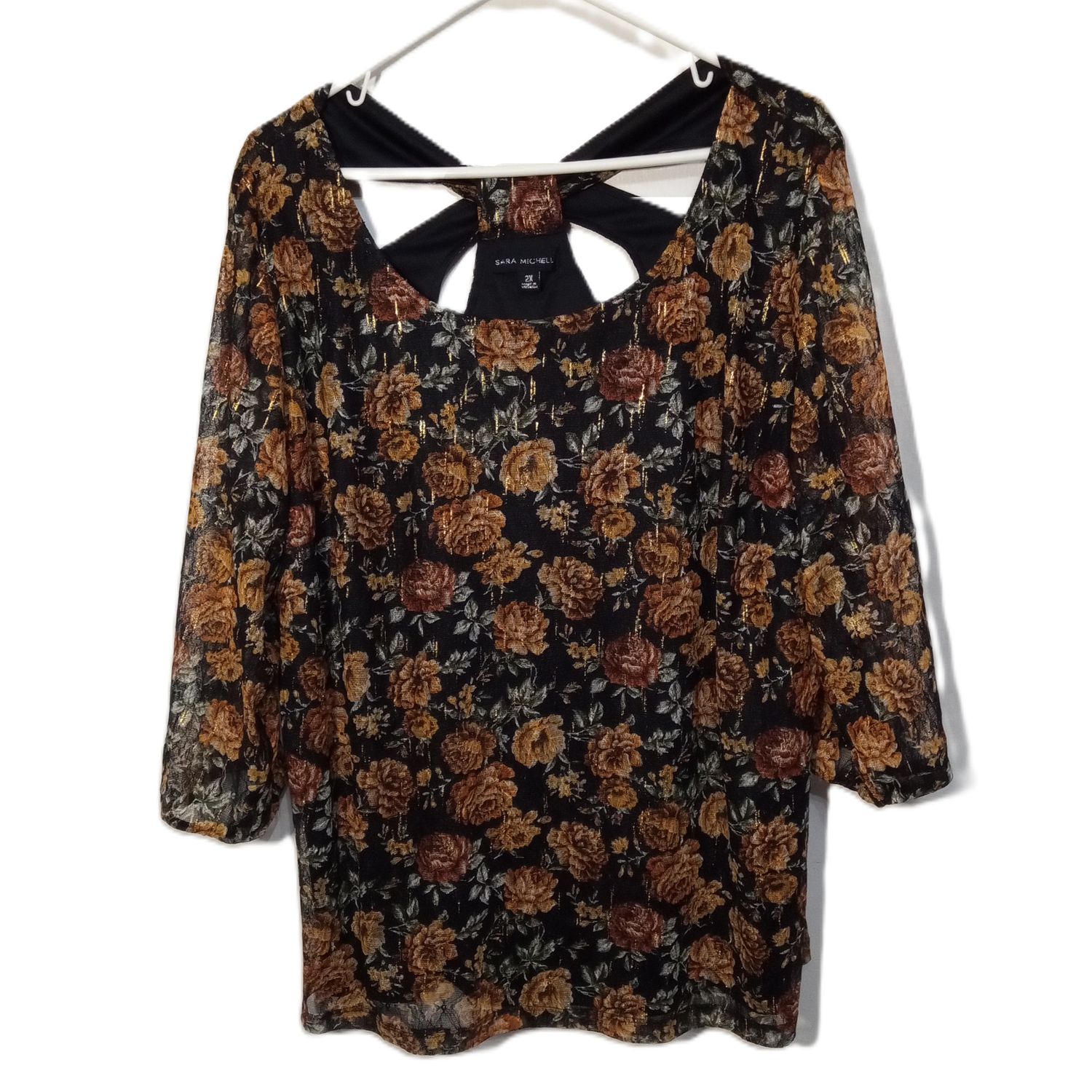Sara Michelle 2X Women&#39;s Black &amp; Gold Rose Print Lace Lined Plus Size Blouse