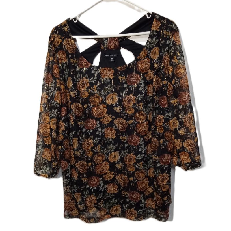 Sara Michelle 2X Women&#39;s Black &amp; Gold Rose Print Lace Lined Plus Size Blouse