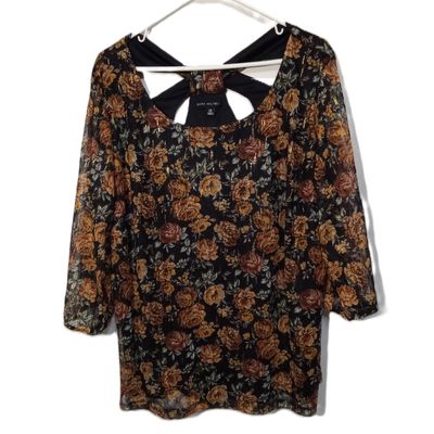 Sara Michelle 2X Women&#39;s Black &amp; Gold Rose Print Lace Lined Plus Size Blouse