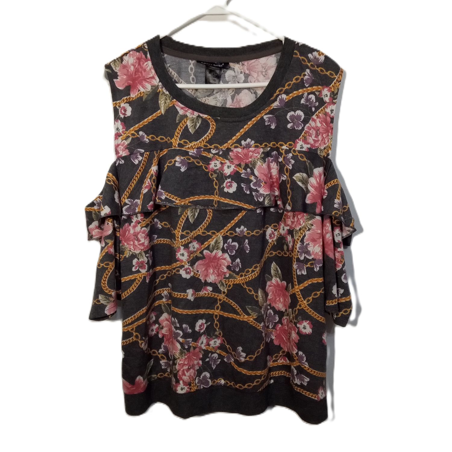 Ashley Sport 2X 22/24 Grey Floral Short Sleeve Cold Shoulder Plus Size Blouse