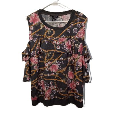 Ashley Sport 2X 22/24 Grey Floral Short Sleeve Cold Shoulder Plus Size Blouse