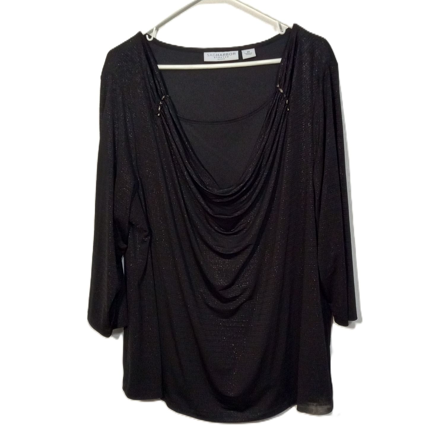 Sag Harbor 2X Women&#39;s Black Sparkly 3/4 Sleeve Stretch Plus Size Blouse