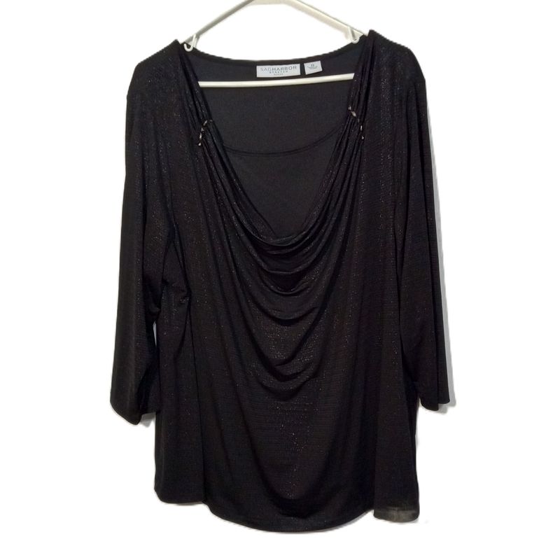 Sag Harbor 2X Women&#39;s Black Sparkly 3/4 Sleeve Stretch Plus Size Blouse