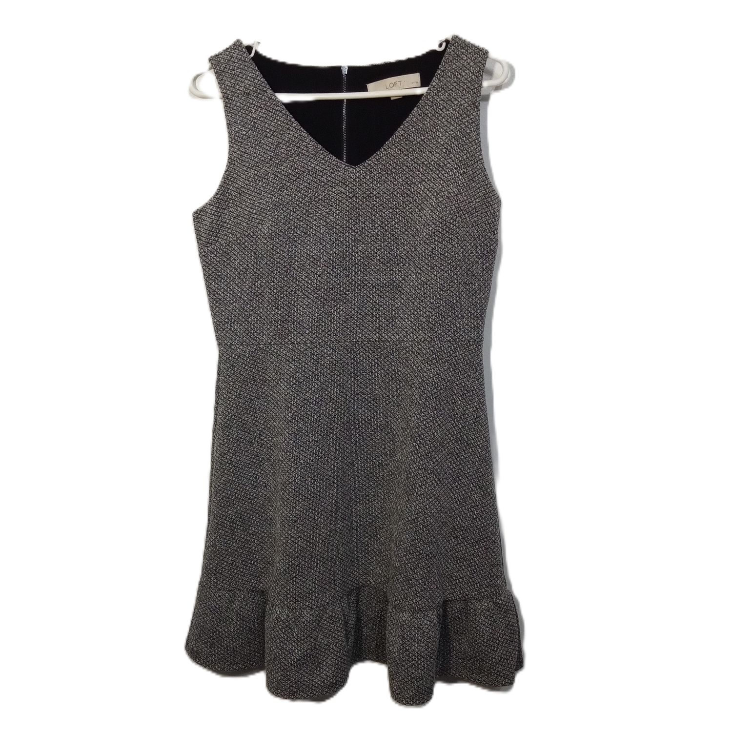 Loft 8P 8 Petite Women&#39;s Grey Tweed Sleeveless Ruffle Hem Dress