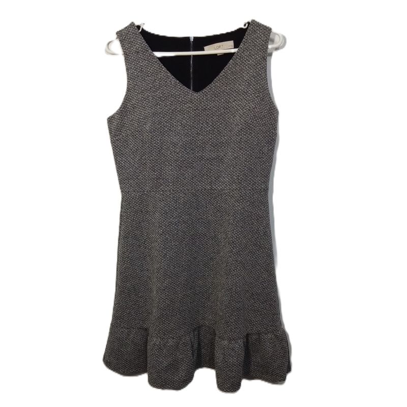 Loft 8P 8 Petite Women&#39;s Grey Tweed Sleeveless Ruffle Hem Dress