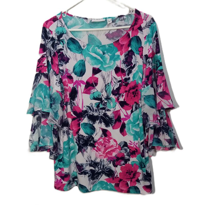 Susan Graver Large Women&#39;s Floral Ruffle Sleeve Crewneck Stretchy Blouse