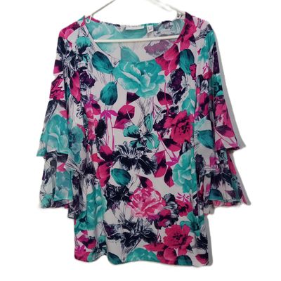 Susan Graver Large Women&#39;s Floral Ruffle Sleeve Crewneck Stretchy Blouse