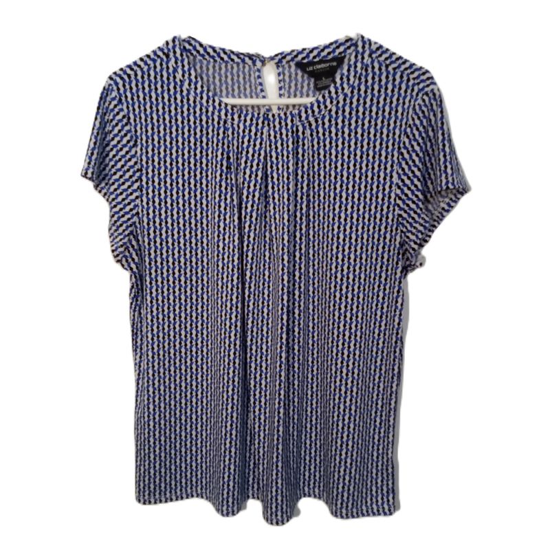 Liz Claiborne Large Women&#39;s White &amp; Blue Print Short Sleeve Stretchy Career Blouse