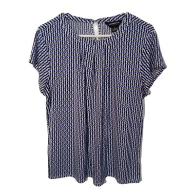 Liz Claiborne Large Women&#39;s White &amp; Blue Print Short Sleeve Stretchy Career Blouse