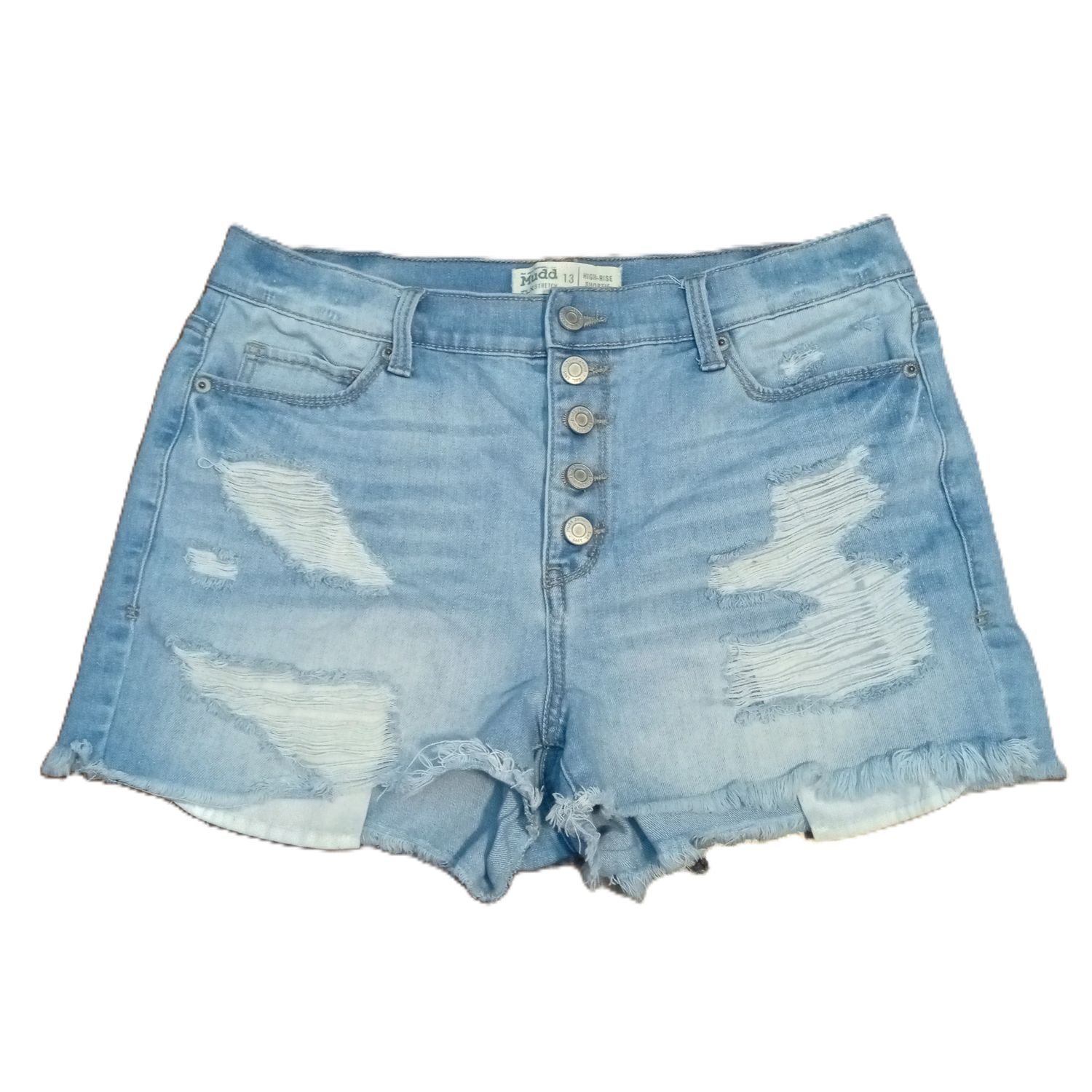 Mudd 13 Women&#39;s Jrs Distressed Button Fly High-Rise Shortie Jean Shorts