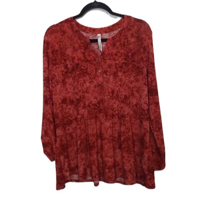 NY Collection 2X Women&#39;s Red Textured Half-Button Long Sleeve Stretchy Blouse