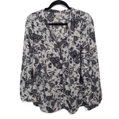 Dressbarn 2X Women&#39;s Black &amp; White Floral Button-Up Long Sleeve Blouse