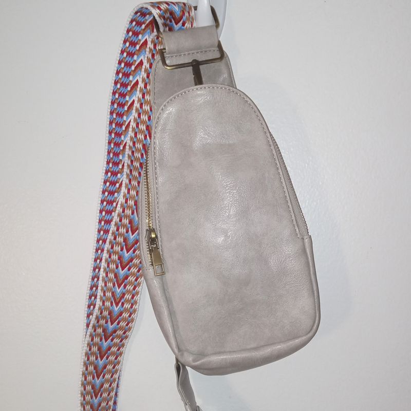 Grey Sling Crossbody Double Pocket Small Purse Woven Adjustable Straps