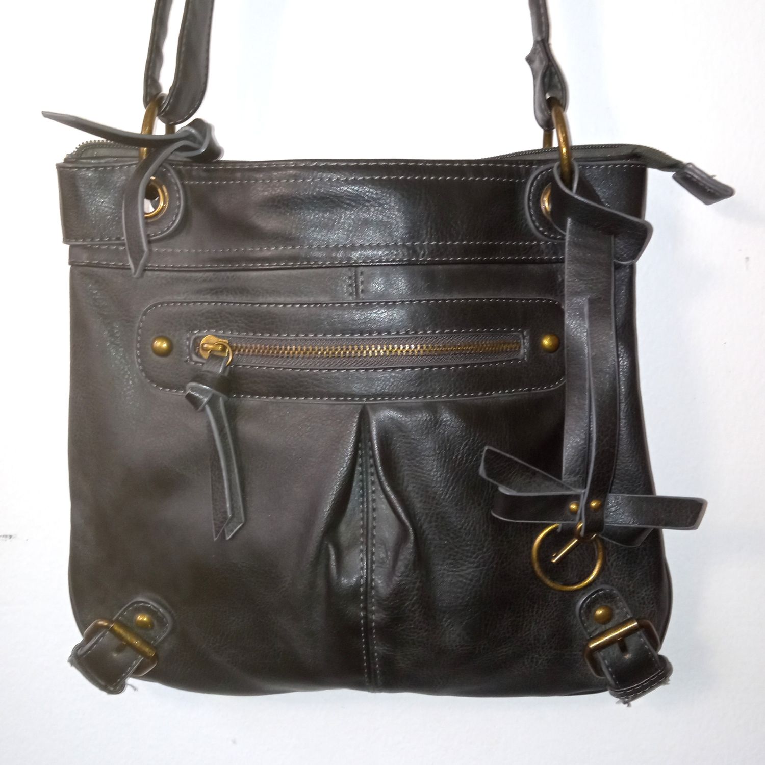 Cesca Charcoal Black Medium Faux Leather Crossbody Shoulder Handbag Purse