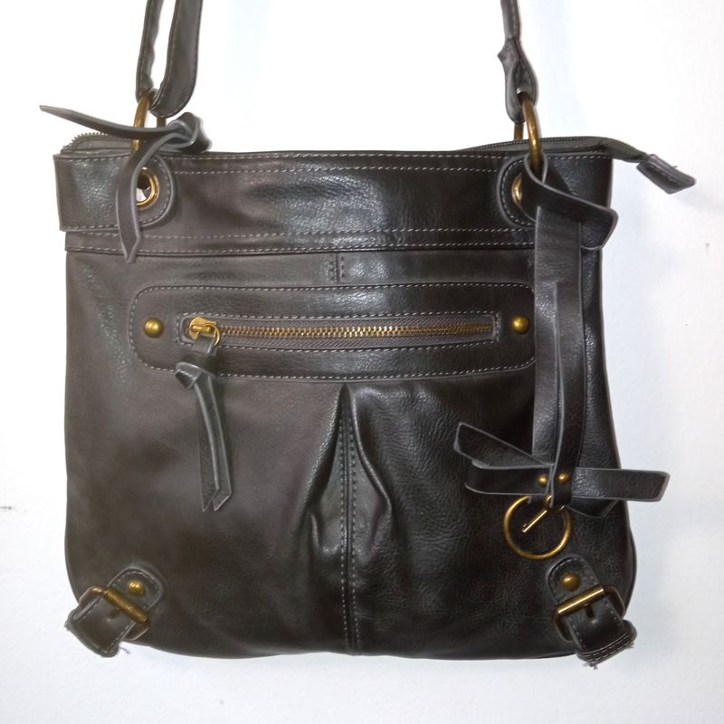 Cesca Charcoal Black Medium Faux Leather Crossbody Shoulder Handbag Purse