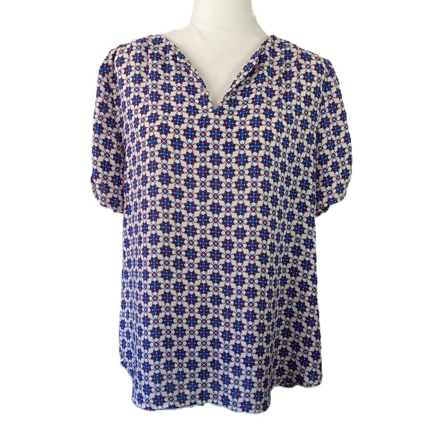 Dressbarn Large Women&#39;s White Blue Red Short Sleeve V-Neck Blouse