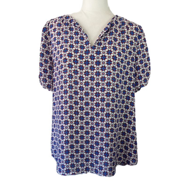 Dressbarn Large Women&#39;s White Blue Red Short Sleeve V-Neck Blouse