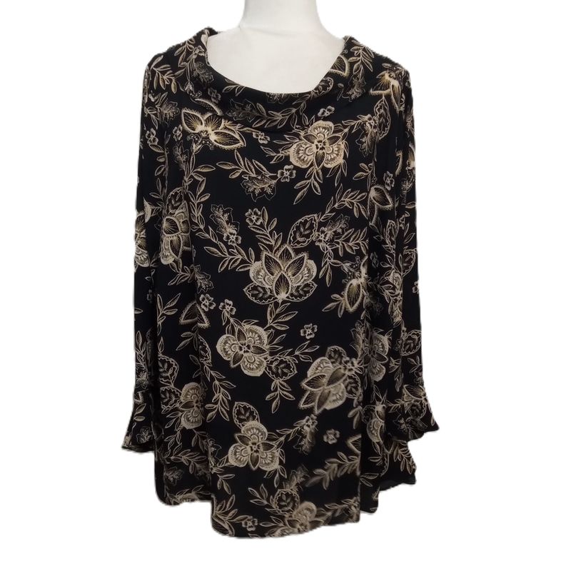 Vince Camuto 3X Women&#39;s Black &amp; Beige Floral Ruffle Sleeve Plus Size Blouse