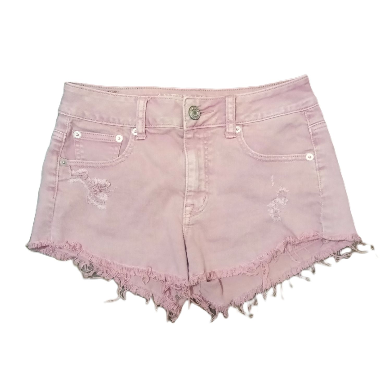 American Eagle Sz 2 Women&#39;s Pink Distressed High Rise Stretch Shortie Jean Shorts
