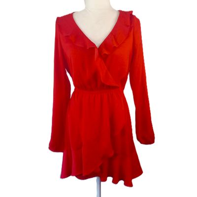 Express Small Women&#39;s Red Ruffle Faux Wrap Long Sleeve Lightweight Mini Dress
