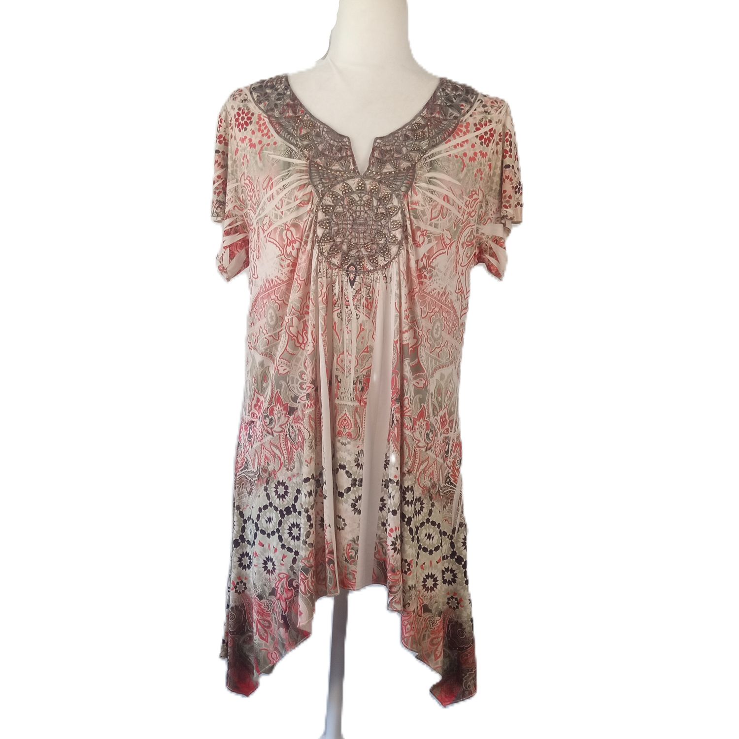World Unity Large Women&#39;s Boho Embroidered Beaded Short Sleeve Tunic Blouse