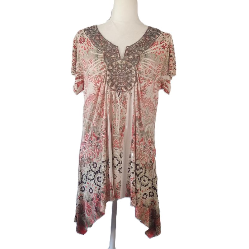 World Unity Large Women&#39;s Boho Embroidered Beaded Short Sleeve Tunic Blouse