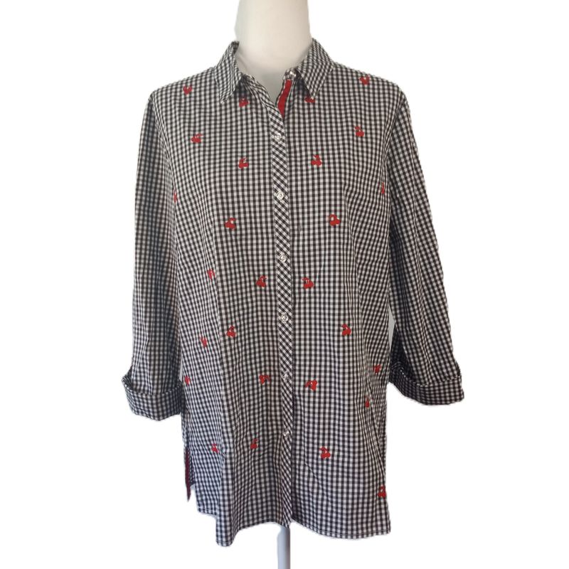 Rafaella Large Women&#39;s Black Gingham Cherry Print Button-Up Blouse
