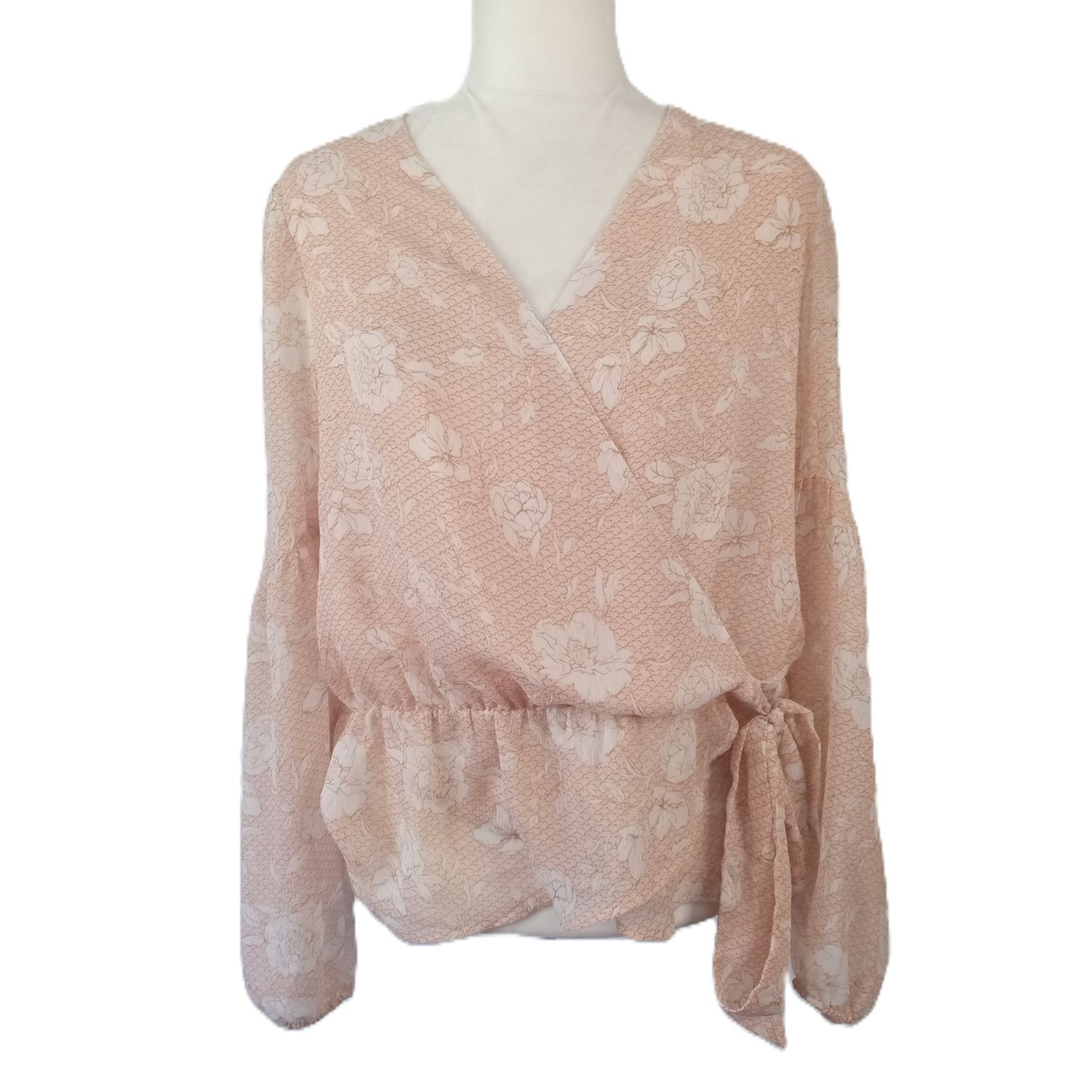 NEW! Express XL Women&#39;s Pink Floral Sheer Faux Wrap Blouse