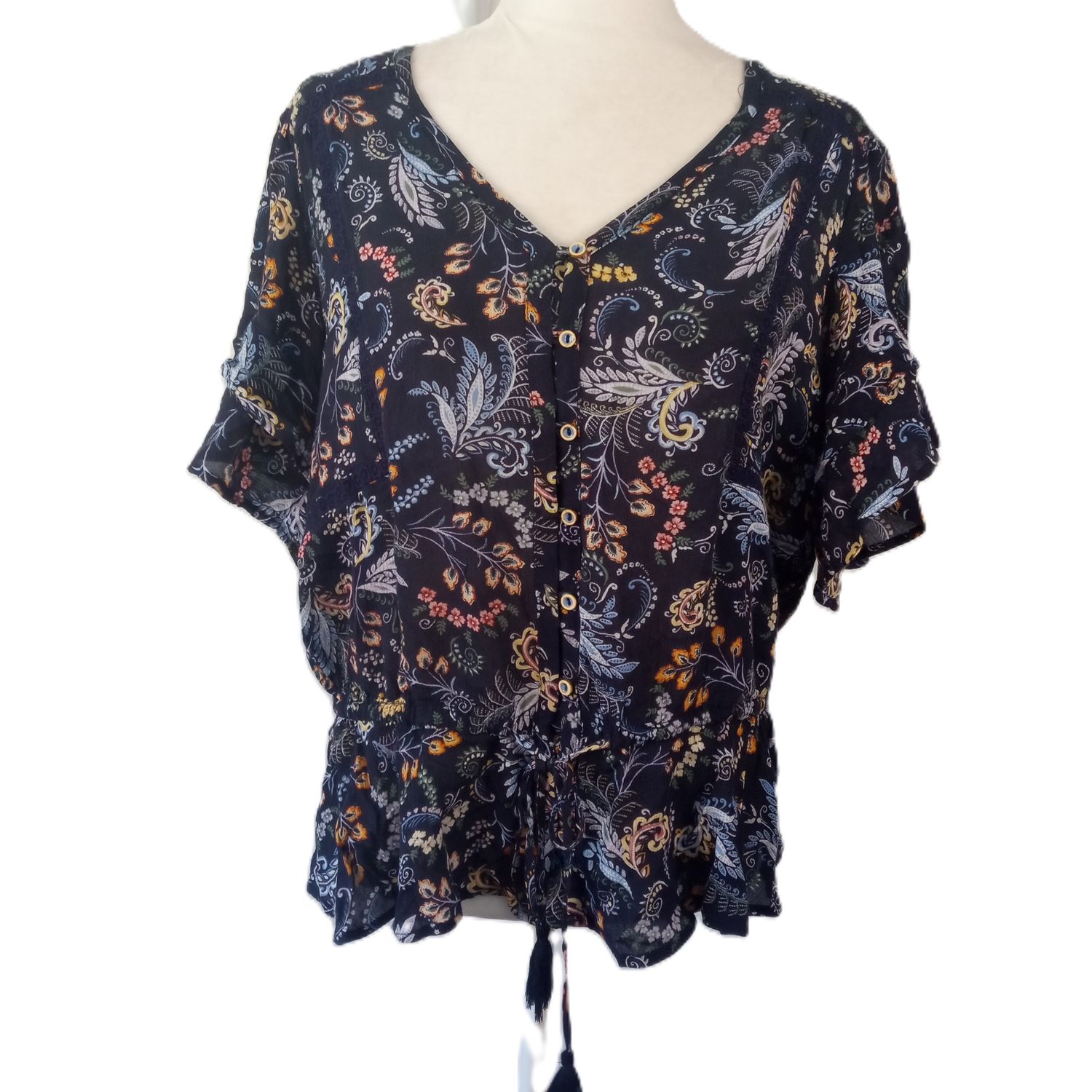 Democracy Medium Women&#39;s Blue Rayon Floral Ruffle Short Sleeve Blouse