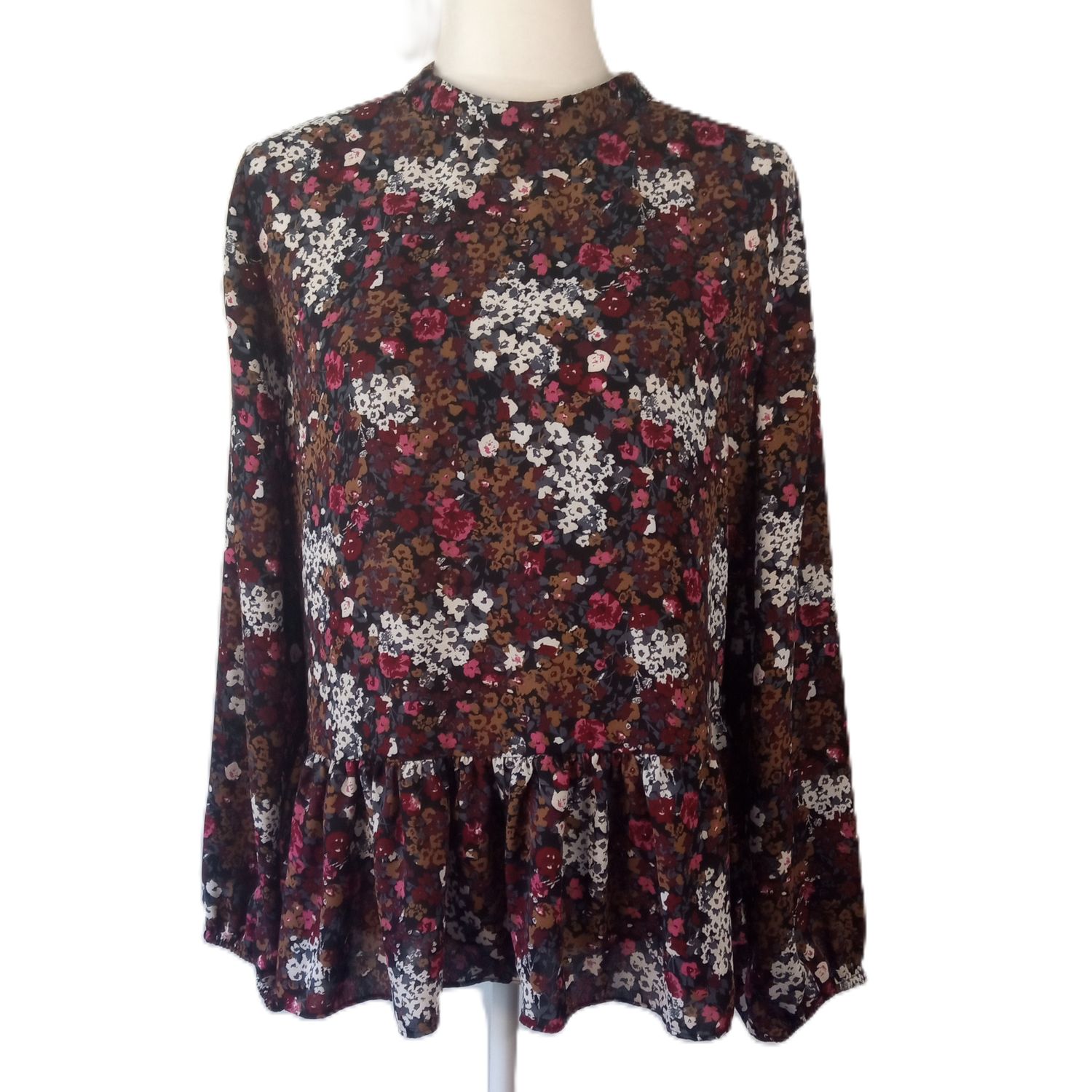 LOFT Large Women&#39;s Floral Long Sleeve Ruffle Bottom Lightweight Blouse