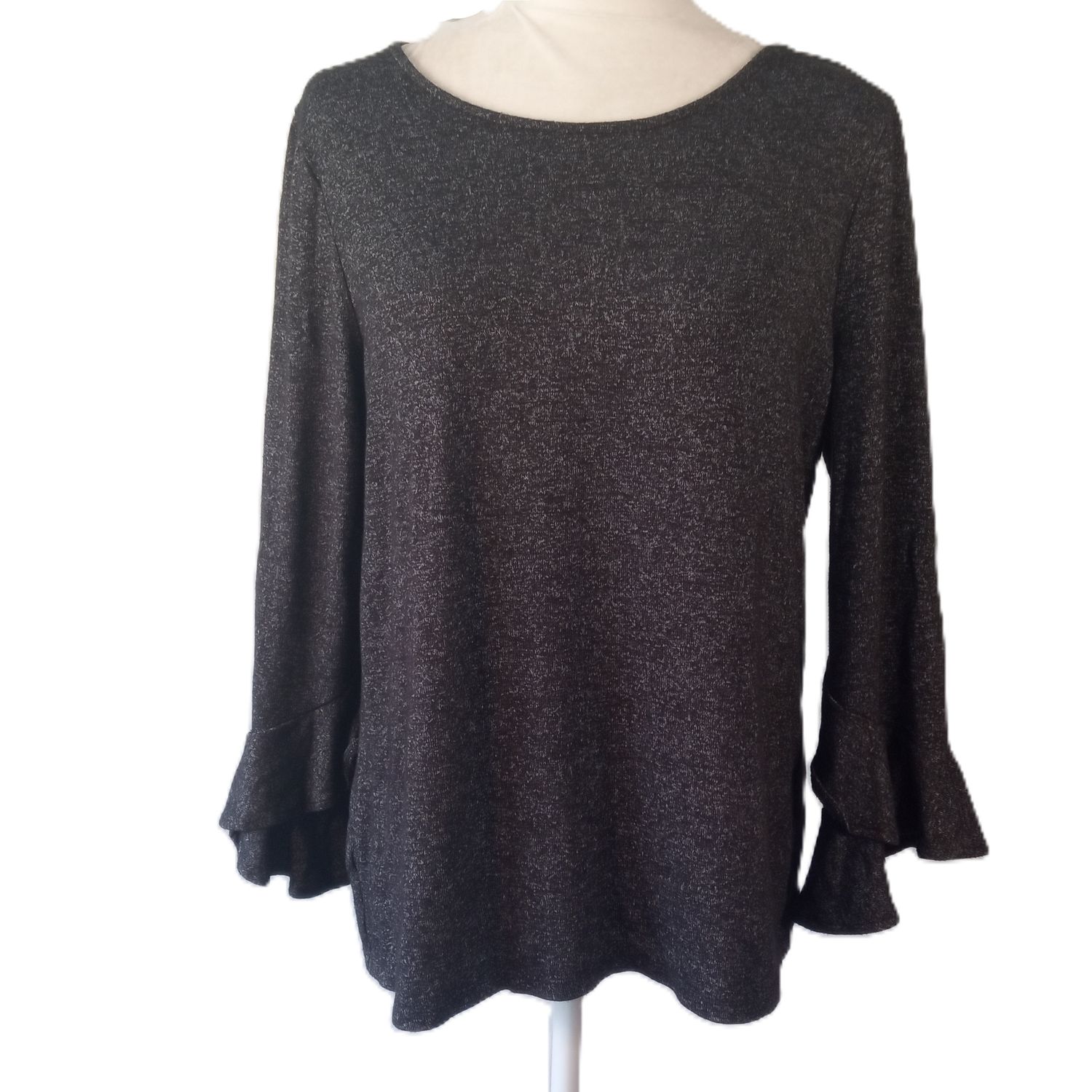 Ann Taylor Large Women&#39;s Dark Heather Grey Ruffle 3/4 Sleeve Knit Blouse