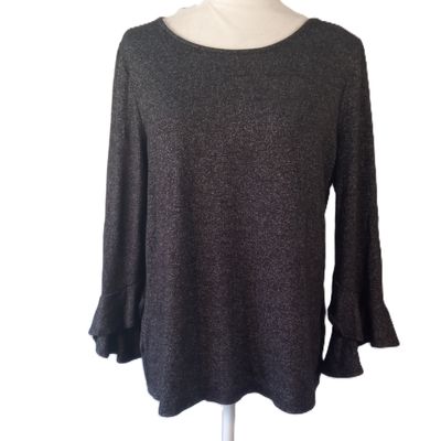 Ann Taylor Large Women&#39;s Dark Heather Grey Ruffle 3/4 Sleeve Knit Blouse