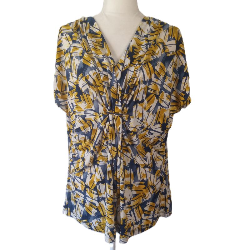 Suzie Couture 1X Women&#39;s Blue &amp; Yellow Short Cap Sleeve Plus Size Stretchy Blouse