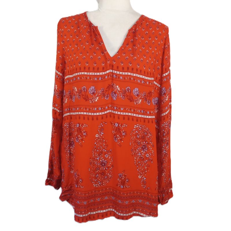Old Navy XL Women&#39;s Boho Rayon Red Floral V-Neck Lightweight Long Sleeve Blouse