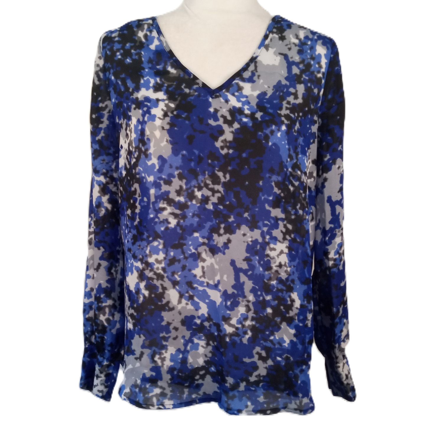 Liz Claiborne Large Petite LP Blue &amp; Grey V-Neck Lightweight Long Sleeve Blouse