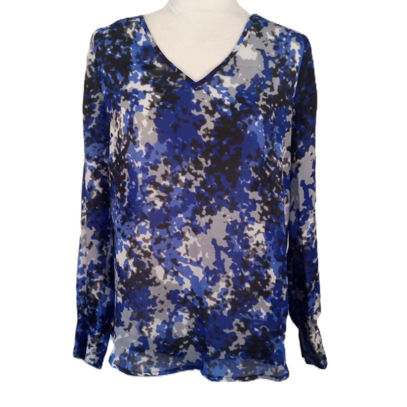 Liz Claiborne Large Petite LP Blue &amp; Grey V-Neck Lightweight Long Sleeve Blouse