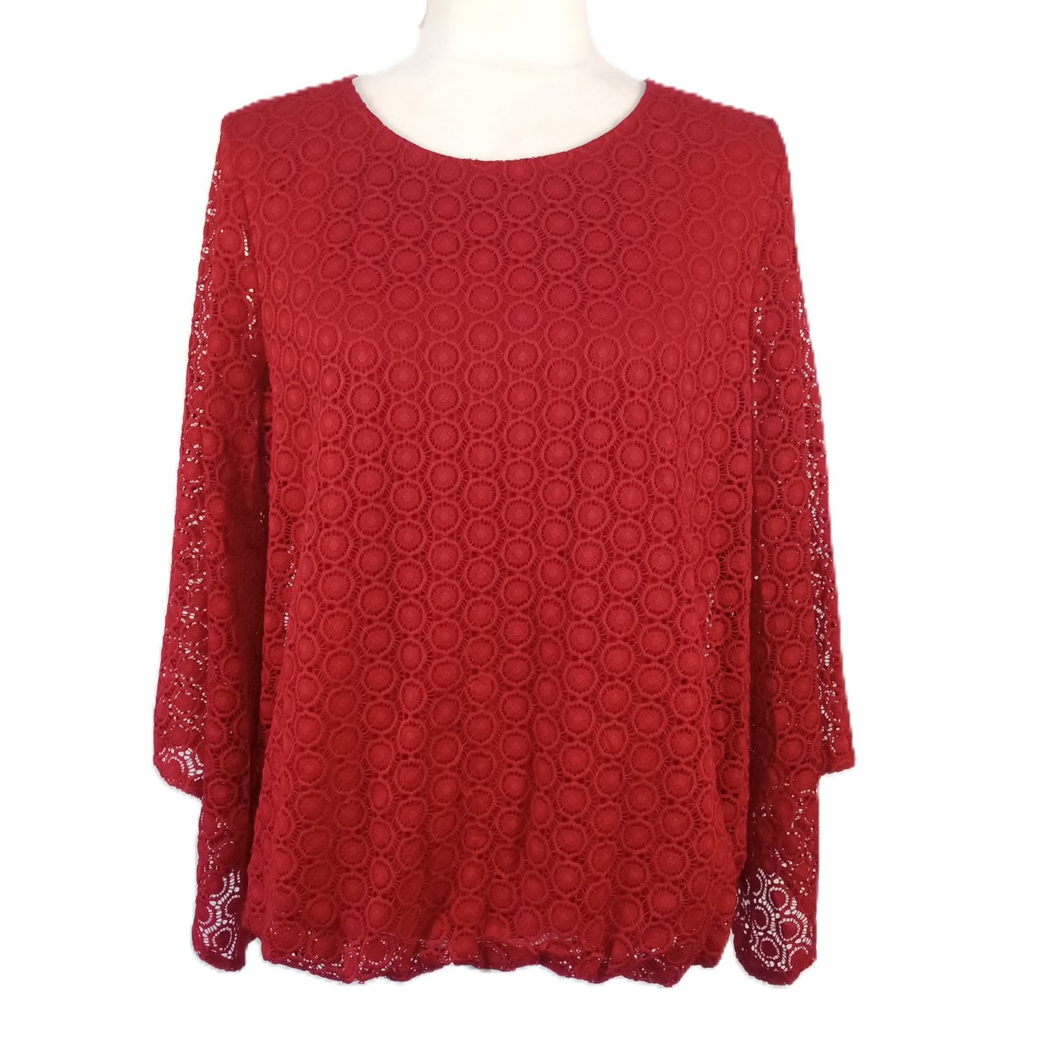 Alfani XL Women&#39;s Red Crochet Boho Bell Sleeve Round Neck Lined Blouse