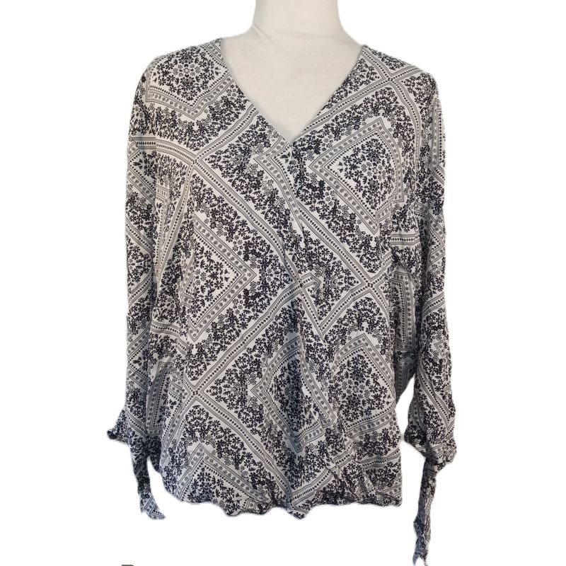 Como Vintage XXL Women&#39;s White &amp; Black Boho Floral 3/4 Sleeve Wrap Blouse