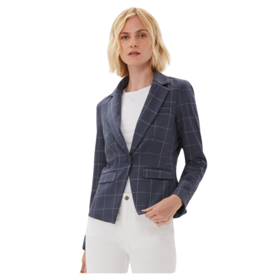 One Button Blazer With Embroidery - Indigo with Sand Embroidery