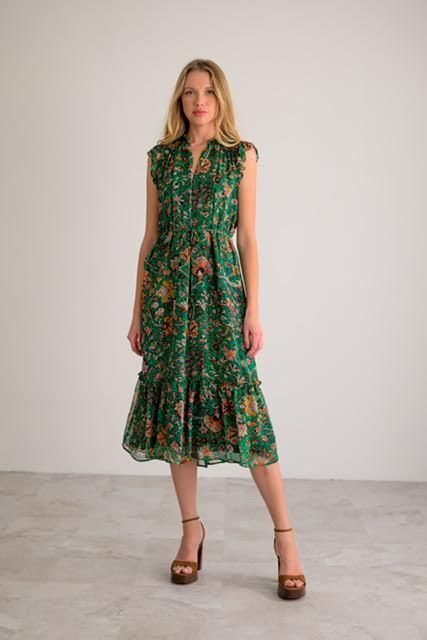 Lavender Brown Tie Waist Silk Print Dress