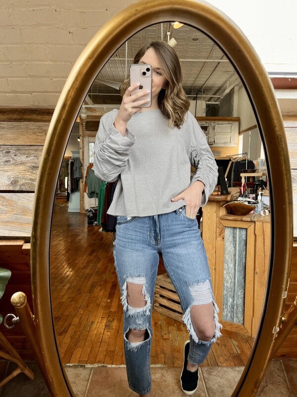Grey Ruched Sleeve Top