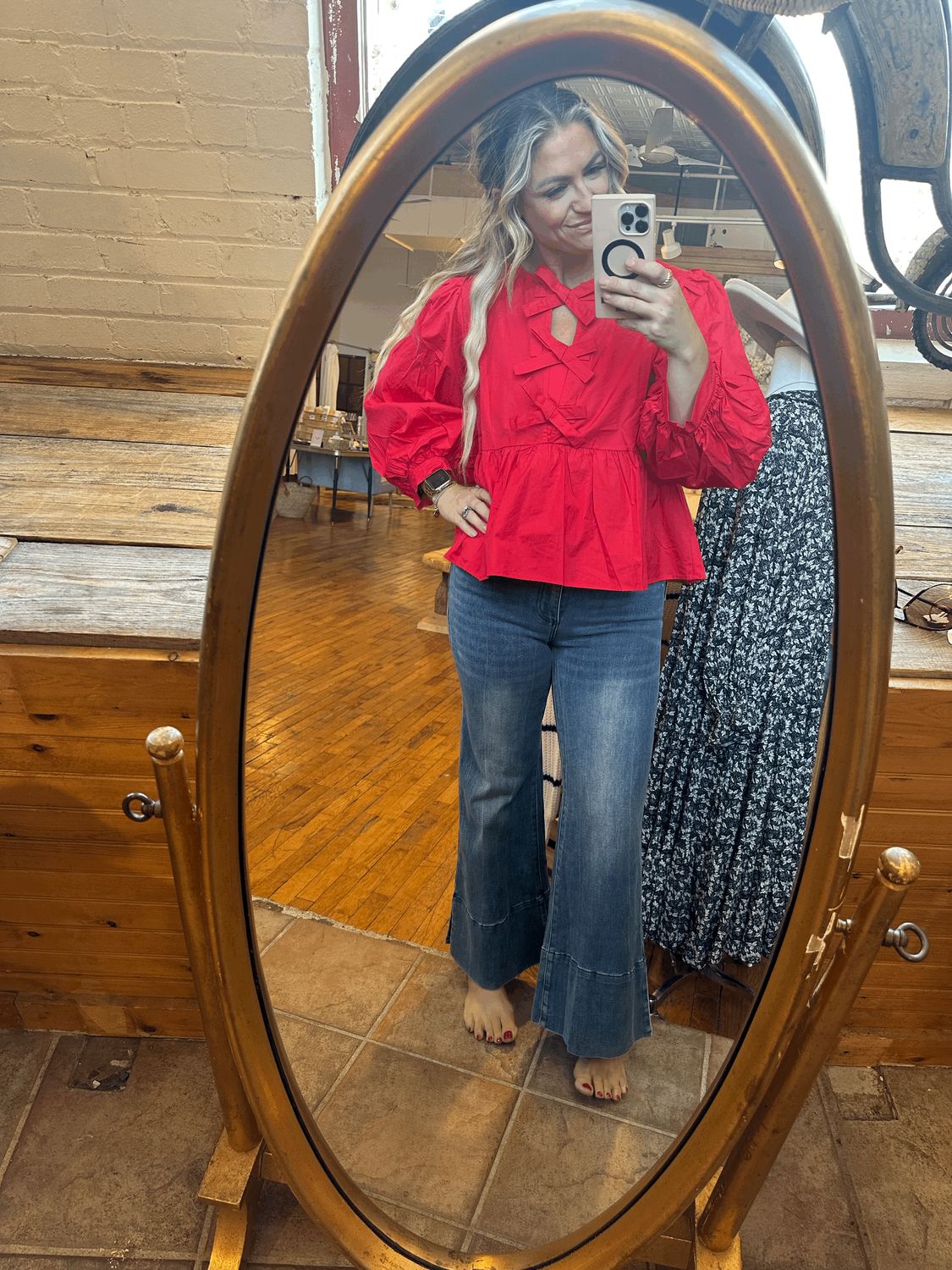 Red Knit Top with Bow Neckline